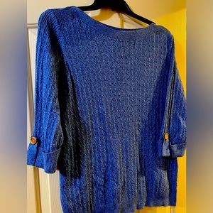 Karen Scott Sweater a love blue. Feels great on. So complementary to your curves